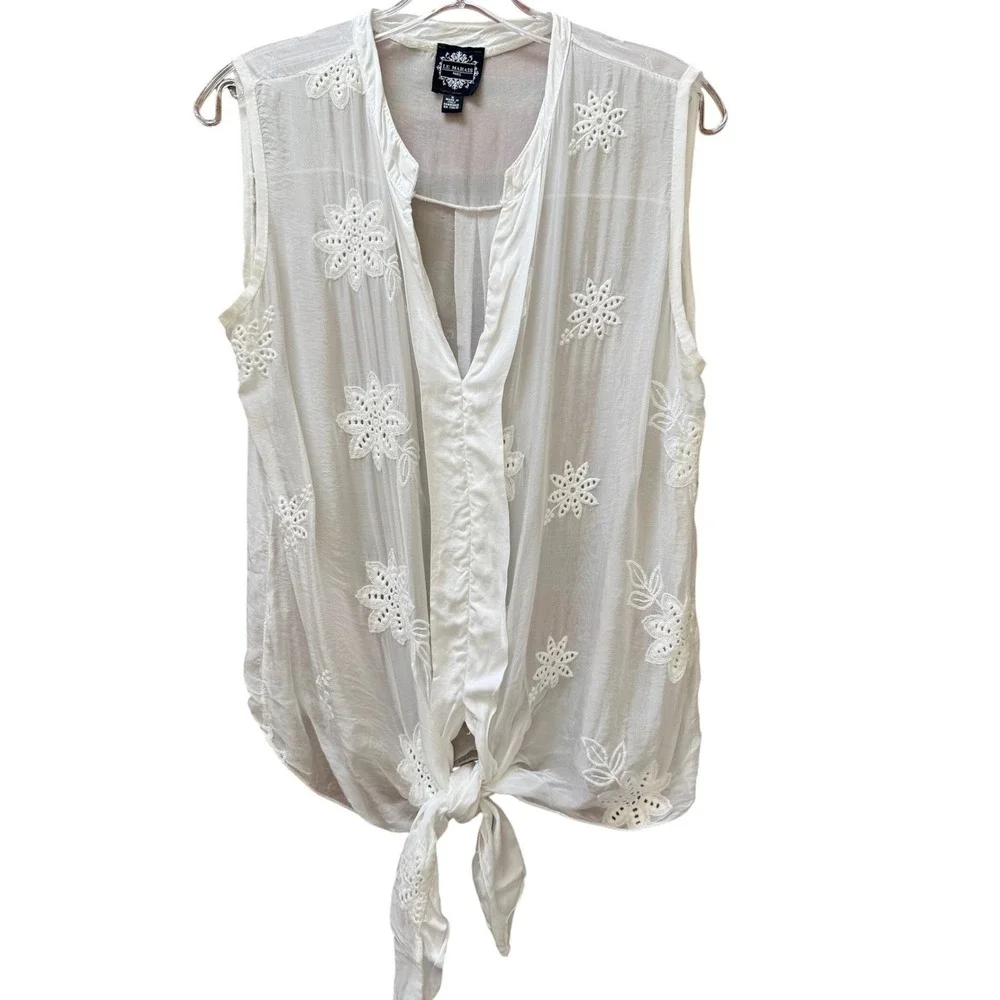 Le Marais‎ Paris White Floral Eyelet Tie Front Sleeveless Blouse Made in Italy M